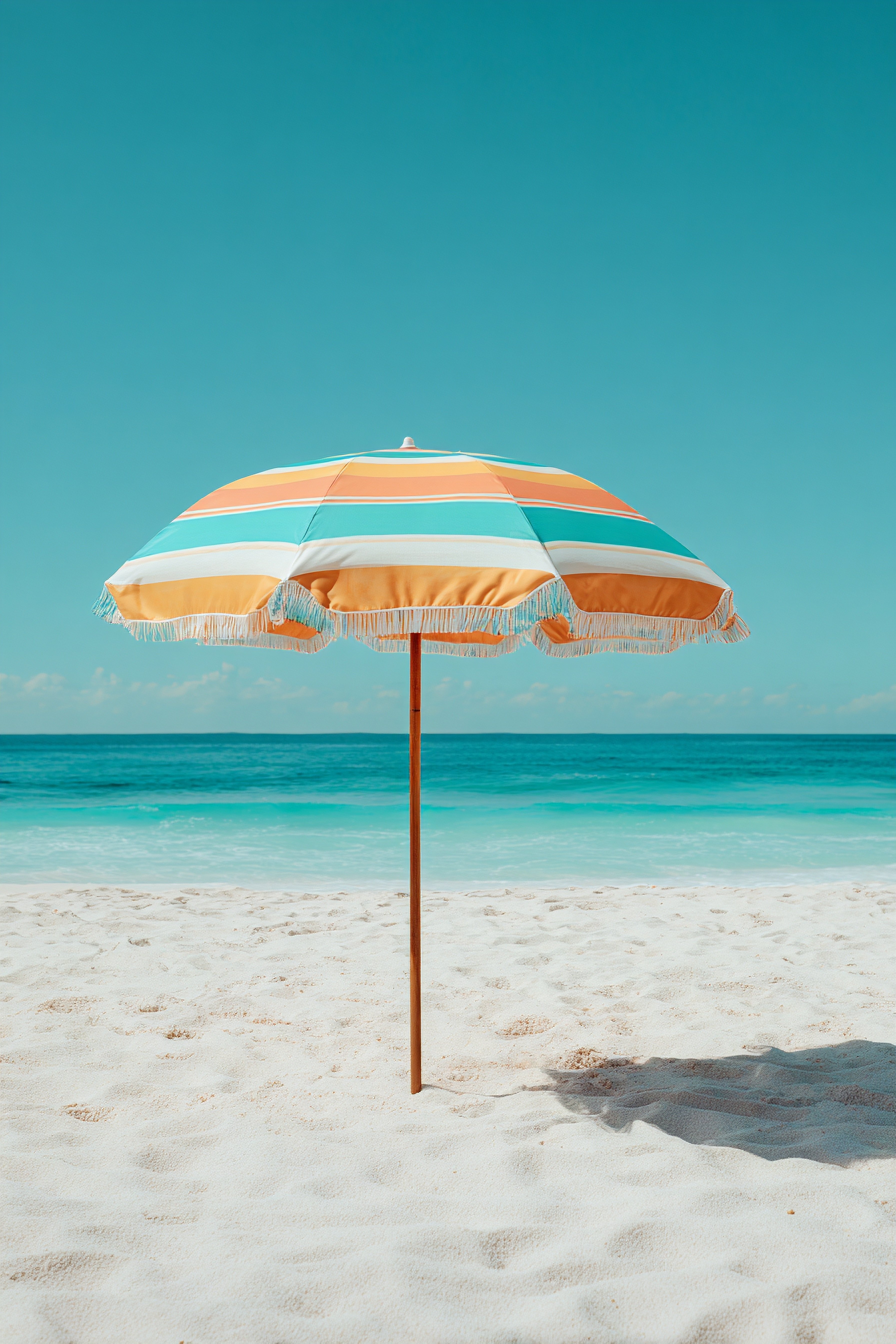 Image of large multi-coloured umbrella standing upright on a sandy beach