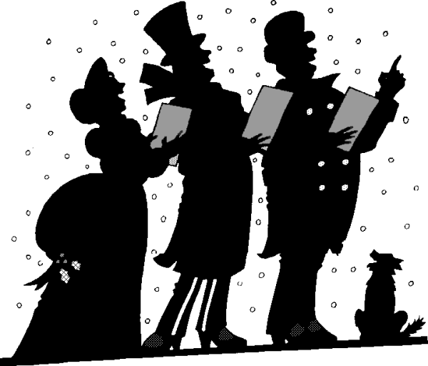 Silhouette of two male and one female Victorian carol singers with snow falling