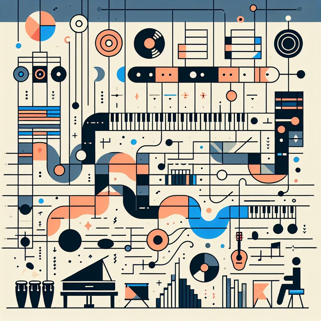 Abstract geometric illustration of musical instruments, keyboards, records, and sound waves in a minimalist, modern style.